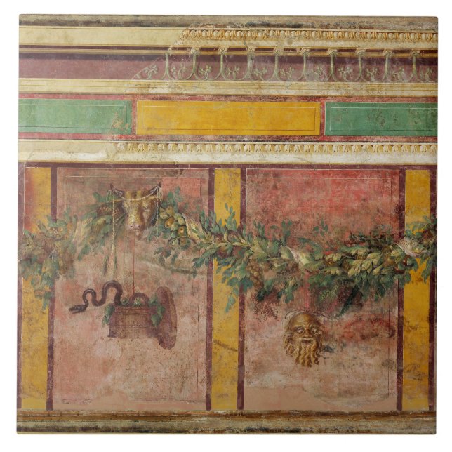 ANTIQUE ROMAN FRESCO,SATYR MASK,GARLAND,FRUITS  CERAMIC TILE (Front)