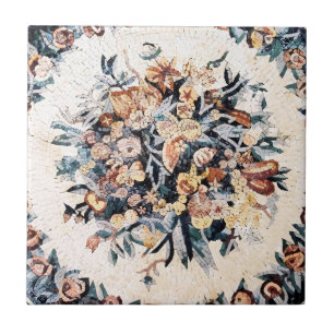 Antique Roman Italian Elegant Floral Mosaic Brown Ceramic Tile