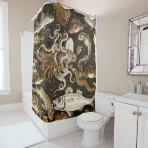 Antique Roman Mosaic Pompeii Sea Life Stone Mosaic Shower Curtain