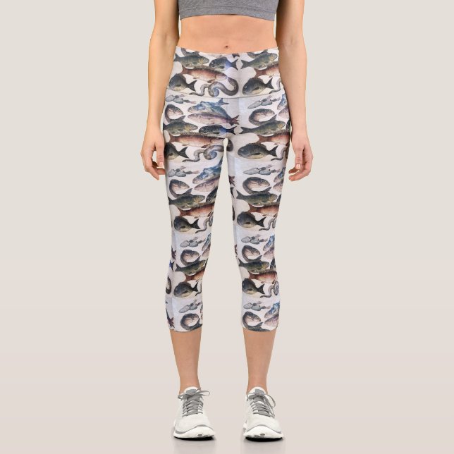 ANTIQUE ROMAN MOSAICS, FISHES,OCEAN SEA LIFE SCENE CAPRI LEGGINGS (Front)