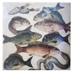 ANTIQUE ROMAN MOSAICS, FISHES,OCEAN SEA LIFE SCENE CERAMIC TILE