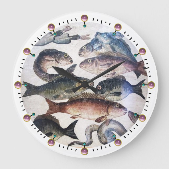 ANTIQUE ROMAN MOSAICS, FISHES,OCEAN SEA LIFE SCENE LARGE CLOCK (Front)