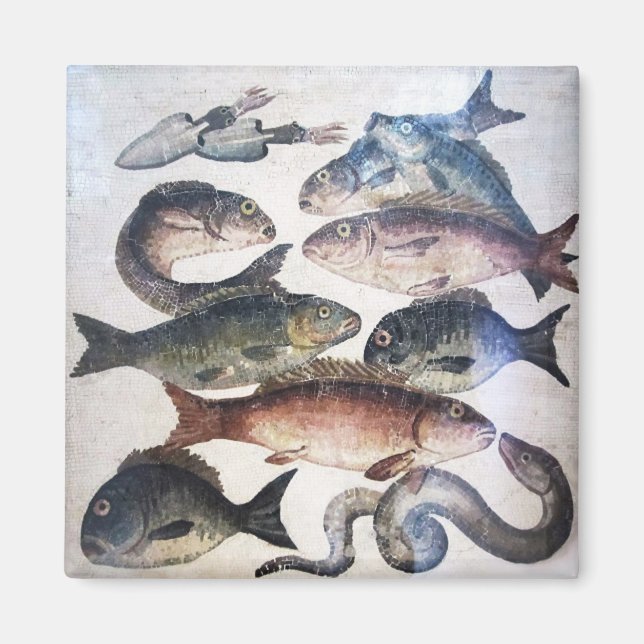 ANTIQUE ROMAN MOSAICS, FISHES,OCEAN SEA LIFE SCENE MAGNET (Front)