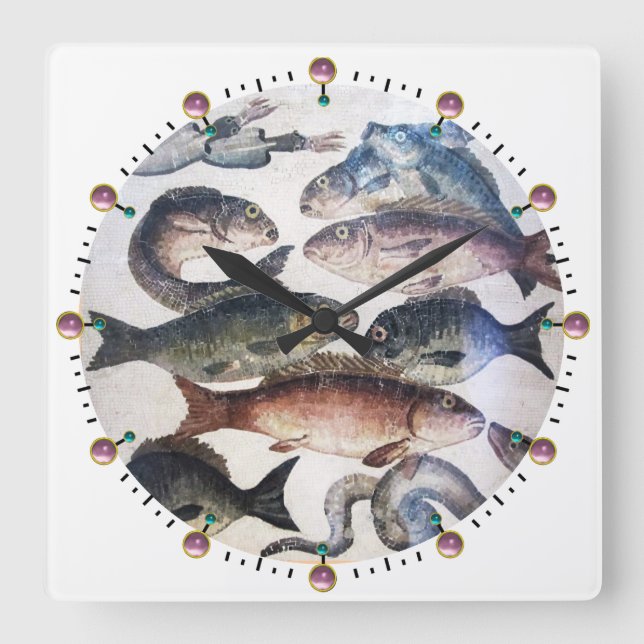 ANTIQUE ROMAN MOSAICS, FISHES,OCEAN SEA LIFE SCENE SQUARE WALL CLOCK (Front)