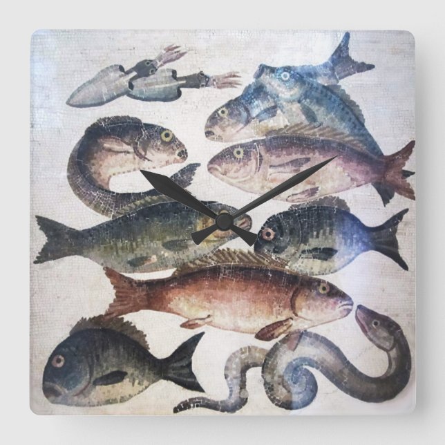 ANTIQUE ROMAN MOSAICS, FISHES,OCEAN SEA LIFE SCENE SQUARE WALL CLOCK (Front)
