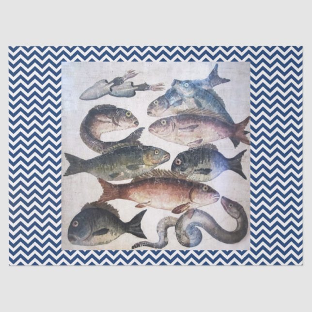 ANTIQUE ROMAN MOSAICS,FISHES,OCEAN SEA LIFE SCENE TISSUE PAPER (Front)