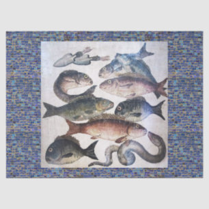 ANTIQUE ROMAN MOSAICS,FISHES,OCEAN SEA LIFE SCENE TISSUE PAPER