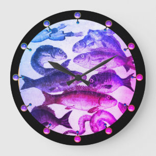 ANTIQUE ROMAN MOSAICS,FISHES SEA LIFE Pink Blue Large Clock