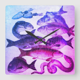 ANTIQUE ROMAN MOSAICS,FISHES SEA LIFE Pink Blue Square Wall Clock