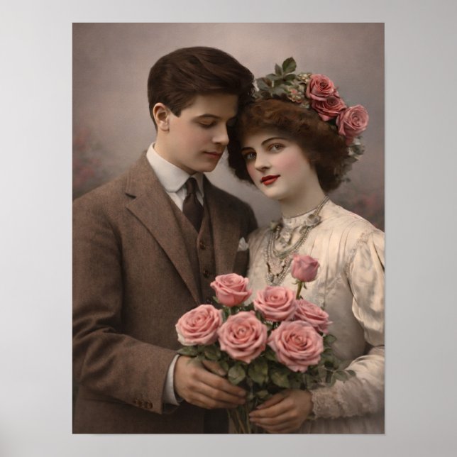 Antique Romantic Couple with Roses Poster (Front)