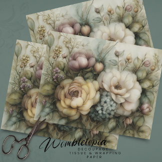 Antique Romantic Florals in Yellow Blue Decoupage  Tissue Paper