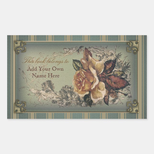 Antique Rose (blue) Bookplate Rectangular Sticker (Front)