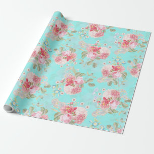 Antique Rose Bouquets by Redouté on blue Wrapping Paper