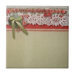 Antique Rose Lace Rustic Red Victorian Burlap Ceramic Tile