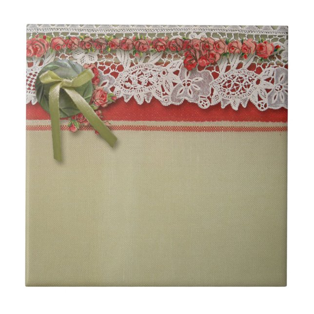 Antique Rose Lace Rustic Red Victorian Burlap Ceramic Tile (Front)