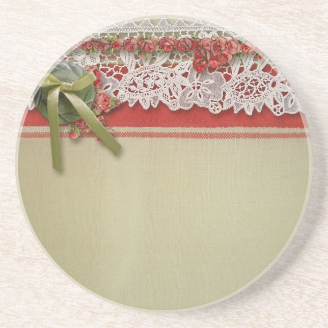 Antique Rose Lace Rustic Red Victorian Burlap Coaster (Front)