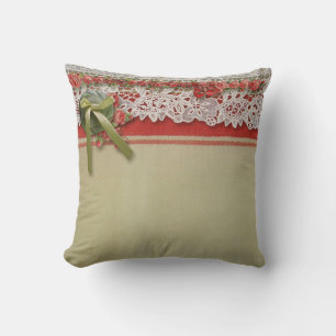 Antique Rose Lace Rustic Red Victorian Burlap Cushion