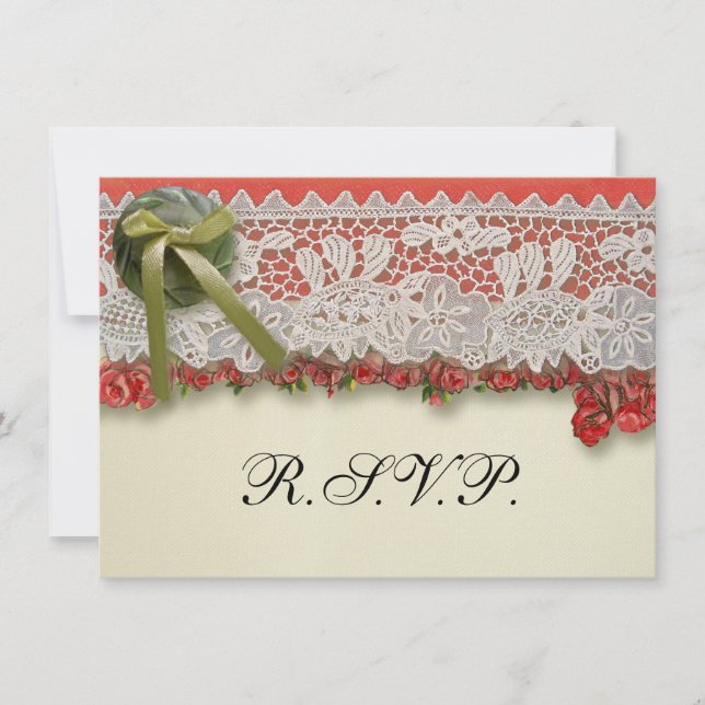 Antique Rose Lace Rustic Red Victorian Burlap Invitation (Front)