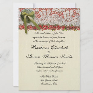Antique Rose Lace Rustic Red Victorian Burlap Invitation