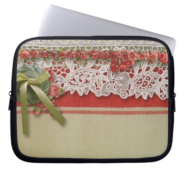 Antique Rose Lace Rustic Red Victorian Burlap Laptop Sleeve (Front)