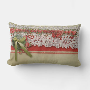 Antique Rose Lace Rustic Red Victorian Burlap Lumbar Cushion