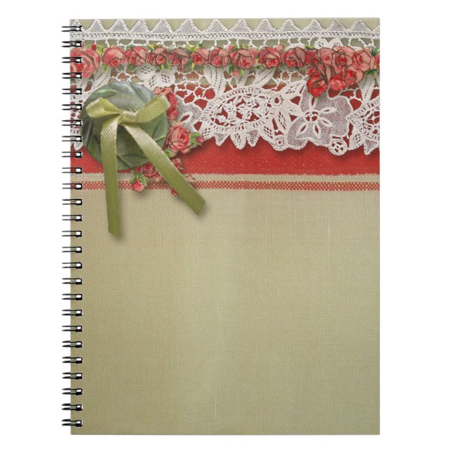 Antique Rose Lace Rustic Red Victorian Burlap Notebook (Front)