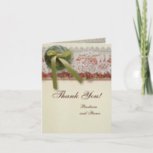 Antique Rose Lace Rustic Red Victorian Burlap Thank You Card