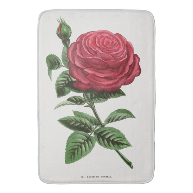 Antique Rose Lithograph, François-Frédéric Grobon Bath Mat (Front Vertical)