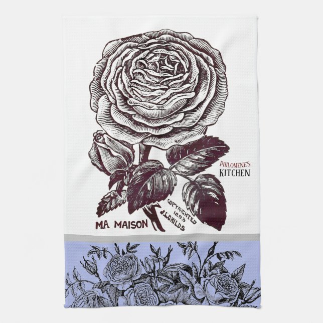 Antique Rose - Your Choice of Text Periwinkle Tea Towel (Vertical)
