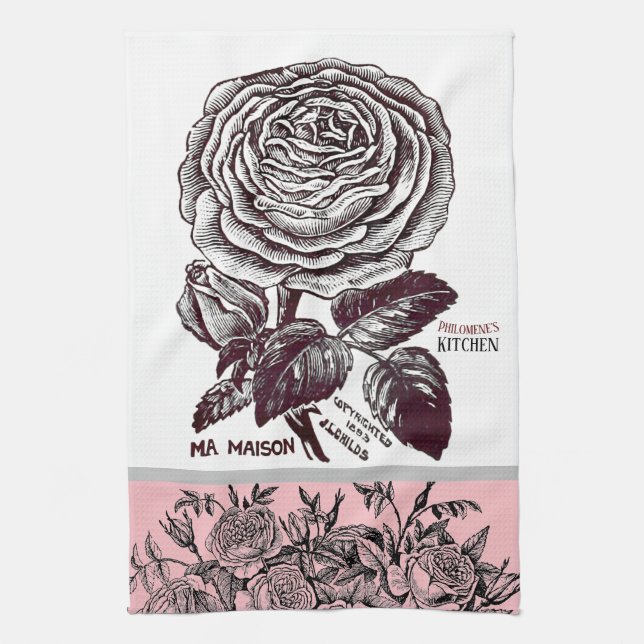 Antique Rose - Your Choice of Text Pink Tea Towel (Vertical)