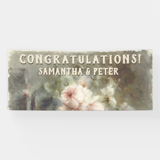 Antique Roses Elegant Soft Pink Watercolor Floral Banner (Horizontal)