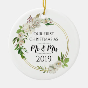 Antique Roses First Christmas as Mr & Mrs Ceramic Ornament
