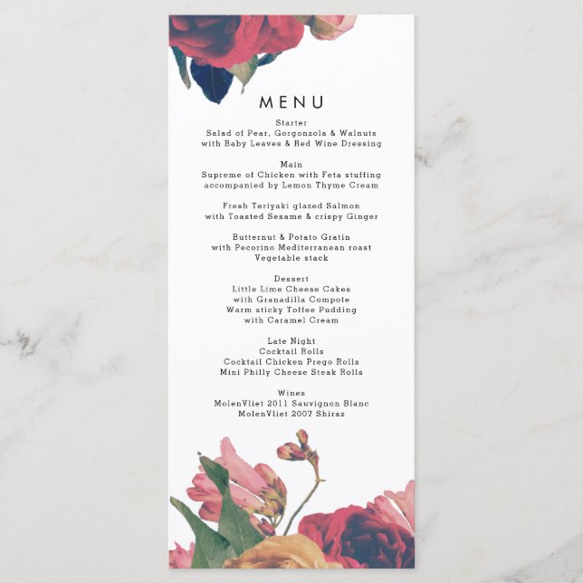 Antique Roses Vintage Boho Wedding Menu (Front)
