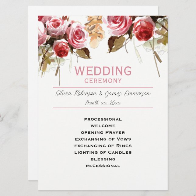 Antique Roses Watercolor Pink Wedding Program (Front/Back)