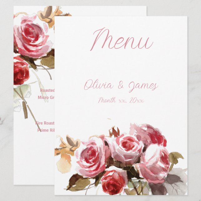 Antique Roses Watercolor Pink Wedding Reception Menu (Front/Back)
