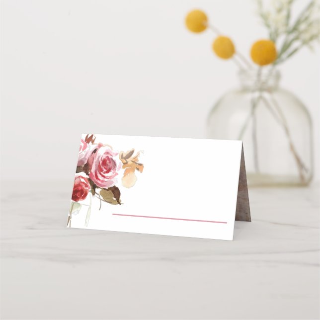 Antique Roses Watercolor Pink Wedding Reception Place Card (Front)