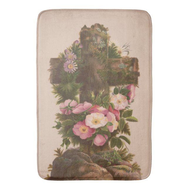 Antique Rustic Cross, Wild Roses, Easter Card, Bath Mat (Front Vertical)