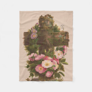 Antique Rustic Cross, Wild Roses, Easter Card, Fleece Blanket
