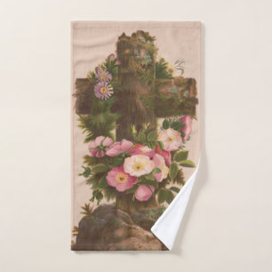 Antique Rustic Cross, Wild Roses, Easter Card, Hand Towel