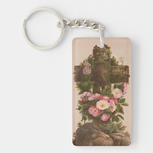 Antique Rustic Cross, Wild Roses, Easter Card, Key Ring (Front)