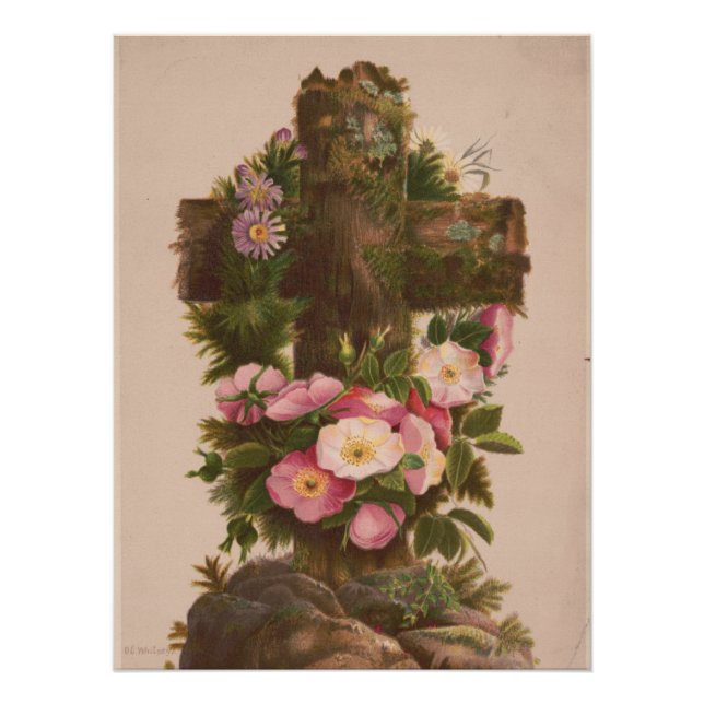 Antique Rustic Cross, Wild Roses, Easter Card, Poster (Front)
