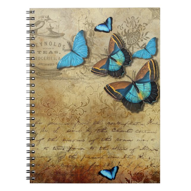 Antique Rustic Decoupage and Blue Butterflies  Notebook (Front)