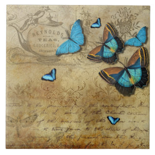 Antique Rustic Decoupage N Blue Butterflies Ceramic Tile