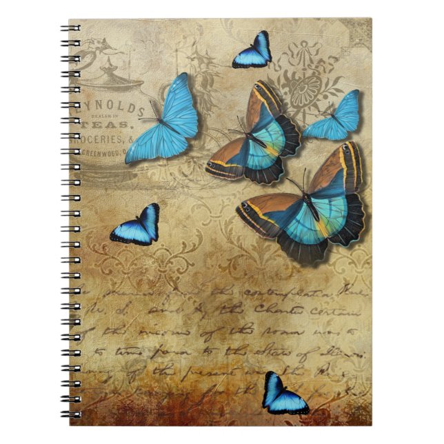 Antique Rustic Decoupage N Blue Butterflies Notebook (Front)