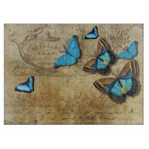 Antique Rustic Decoupage N Blue Butterflies Tea Cutting Board