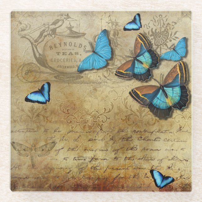 Antique Rustic Decoupage N Blue Butterflies Tea Glass Coaster (Front)