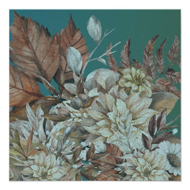 Antique Rustic Flowers Painted Over Teal Poster (Front)