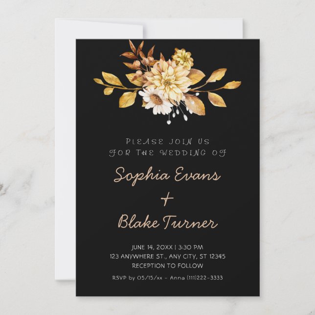 Antique Rustic Soft Floral Black Wedding Invitation (Front)