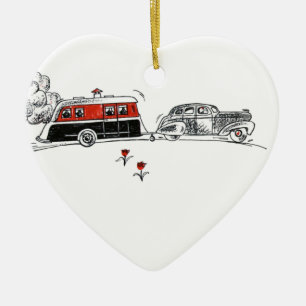 Antique RV Camper and Car Drawing Ceramic Ornament