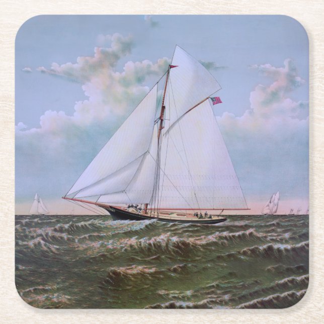 Antique Sailing Ship Sloop Yacht Sailboat Ocean Square Paper Coaster (Front)